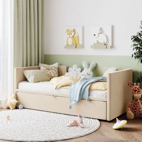 Twin Size Upholstered Daybed With  Up Trundle, Beige