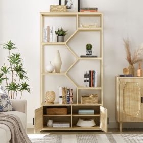 Rattan 7-Tier Bookshelf With Cabinet For Living Room Home Office, Natural