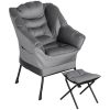 HOMCOM Lazy Chair and Ottoman Set, Fabric Upholstered Accent Chair with Side Pockets, for Living Room, Bedroom, Gray