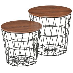 HOMCOM End Tables Set of 2, Nesting Tables with Storage, Round Accent Side Tables with Removable Top for Living Room, Bedroom, Black / Brown