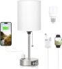 White Bedside Lamp for Bedroom - 3 Color Temperatures Desk Lamp with USB C and A Ports, Pull Chain Table Lamp with AC Outlet
