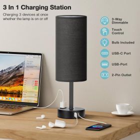 Black Bedroom Lamp for Nightstand - 3 Way Dimmable Bedside Lamp USB C A Charging Ports and AC Outlet, Small Table Lamp Black Base for Living Room