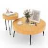 Set of 2 Boho Round Coffee Table with Solid Pine Wood Top and Metal Legs