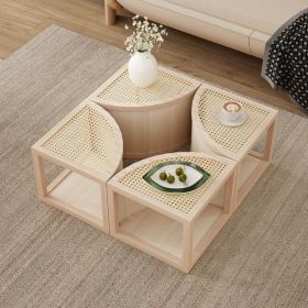 Round to Square Block Modular Coffee Table Light Natural Rattan with Storage 4 Piece