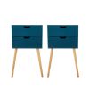 Set of 2 Nightstand with 2 Drawers, Mid Century Wood Bedside Table for Bedrooms Living Rooms, Sofa Side End Table, Blue