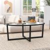 1PC Glass Coffee Table Oval Living Room Table with Cross Base and Acacia Wood Legs
