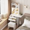 Small Space Vanity Table Set with 3 Adjustable Lighted Mirror and Storage Chair, Makeup Vanity Table for Small Space