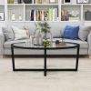 1PC Glass Coffee Table Oval Living Room Table with Cross Base and Acacia Wood Legs