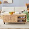 Spider Web Textured Modern MDF Coffee Table - Geometric Art and Practical Design in Natural Wood Tones, with dimensions of 43.3*23.6*17.8 inches.