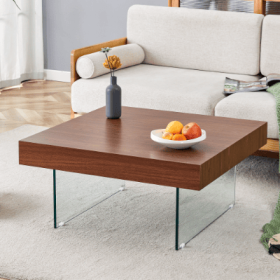 Natural Style Square MDF Coffee Table - 31.5x31.5 With Tempered Glass Legs.Density Board Sticker,Reinforced Glass