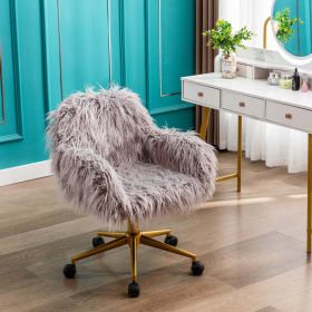 HengMing Faux Fur Office Chair, Fluffy Girls Makeup Vanity Chair With Gold Pl
