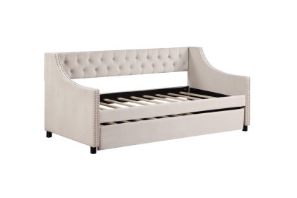 Daybed With Trundle Upholstered Tufted Sofa Bed, With Button And Copper Nail On Arms Full Size Beige