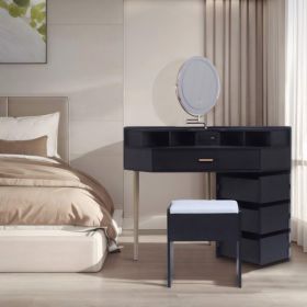 Black Dressing Table Stool Set, Movable Mirror, Tri Color Illuminated Mirror, Four Drawers, With Socket