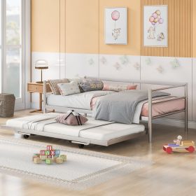 Twin Size Metal Daybed With Adjustable Trundle,  Up Trundle, Silver