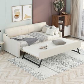 Twin Upholstered Daybed W  Trundle & USB Charging, Adjustable, Beige