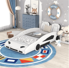 Double Race Platform Bed With Wheels, White