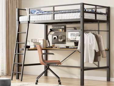 Twin Metal Loft Bed With L-Shaped Desk, Charging Station Loft Bed Frame Twin Size, Safety Guard & Ladder, No Box Spring Needed, Black