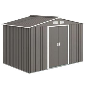 9x6 Galvanized Steel Ventilated Garden Storage Shed with Double Doors, Foundation Kit, Grey