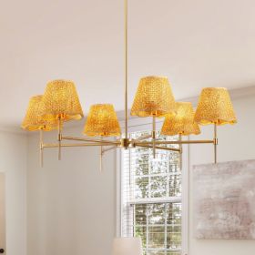 Boho Rattan Chandelier 6 Lights Rustic Industrial Large Adjustable Pendant Fixtures for Kitchen Island, Dining or Living Room ( Bulb not Included).