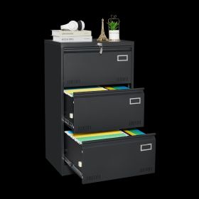 3-Drawer Lateral Filing Cabinet, Black Locking Metal, Office