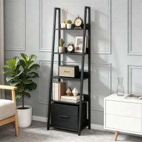 5-Tier Ladder Shelf with Fabric Drawer, Narrow Industrial Bookshelf with Anti-Tip Device & Back Baffle  Wooden Metal Storage Rack for Office.