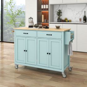 Kitchen Island Cart 4-Door Cabinet, 2 Drawers, 2 Locking Wheels, Solid Wood Top