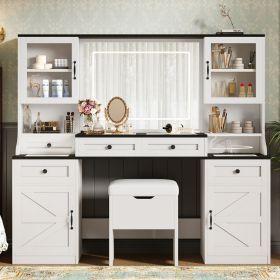 61.5" Farmhouse Vanity Desk with Mirror and LED Lights, Dressing Table with 5 Drawers and 4 Cabinets