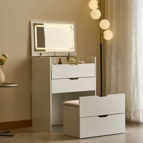 3-in-1 Vanity Desk with Mirror And Lights, Small Vanity Desk Set with Visible Glass Tabletop, 3 Drawers, Storage Bench, 3-color Lighting Mirror