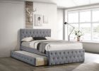 Contemporary Twin Size Bed w/ Trundle Slats Light Grey Burlap Upholstered Button Tufted Headboard Footboard Youth Bedroom Furniture wooden Slats 1pc B
