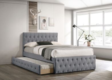 Contemporary Twin Size Bed w/ Trundle Slats Light Grey Burlap Upholstered Button Tufted Headboard Footboard Youth Bedroom Furniture wooden Slats 1pc B