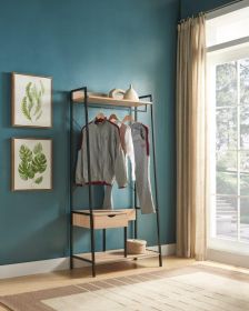 Metal Clothes Rack Open Wardrobe Free Standing with One Drawer Hanging Clothes Rod â€“ Light Brown
