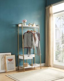 Metal Clothes Rack Open Wardrobe Free Standing with One Drawer Hanging Clothes Rod â€“ White & Gold Metal