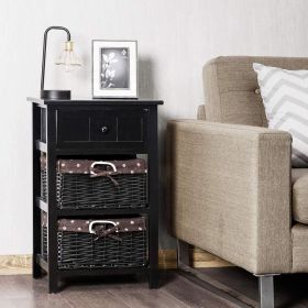 3 Tiers Wooden Storage Nightstand with 2 Baskets and 1 Drawer