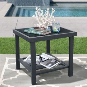 Modern Square End Tables for Living Room; Rustic Aluminum Outdoor Side Table with Storage Space; Patio Tempered Glass Accent Table; 17.7'' x 17.7'' x