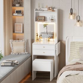 Small Space Vanity Table Set with 3 Adjustable Lighted Mirror and Storage Chair, Makeup Vanity Table for Small Space