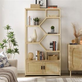 Bookshelves In Rattan, 7-tier Bookcase Storage Shelves For Living Room, Home Office, Natural Color