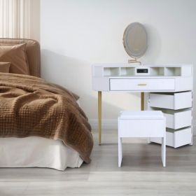 White Dressing Table Stool Set, Movable Mirror, Tri Color Illuminated Mirror, Four Drawers, With Socket