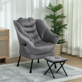 HOMCOM Lazy Chair and Ottoman Set, Fabric Upholstered Accent Chair with Side Pockets, for Living Room, Bedroom, Gray
