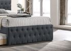 Contemporary Full Size Bed w/ Trundle Slats Charcoal Burlap Upholstered Button Tufted Headboard Footboard Youth Bedroom Furniture wooden Slats 1pc Bed