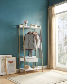 Metal Clothes Rack Open Wardrobe Free Standing with One Drawer Hanging Clothes Rod â€“ White & Gold Metal