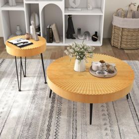 Set of 2 Boho Round Coffee Table with Solid Pine Wood Top and Metal Legs