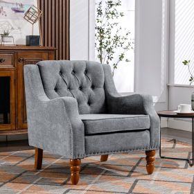 Grey Accent Chair, Living Room Chair, Footrest Chair Set with Vintage Brass Studs, Button Tufted Upholstered Armchair for Living Room