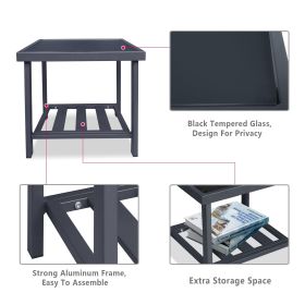 Modern Square End Tables for Living Room; Rustic Aluminum Outdoor Side Table with Storage Space; Patio Tempered Glass Accent Table; 17.7'' x 17.7'' x