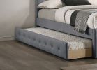 Contemporary Twin Size Bed w/ Trundle Slats Light Grey Burlap Upholstered Button Tufted Headboard Footboard Youth Bedroom Furniture wooden Slats 1pc B