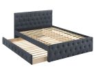 Contemporary Full Size Bed w/ Trundle Slats Charcoal Burlap Upholstered Button Tufted Headboard Footboard Youth Bedroom Furniture wooden Slats 1pc Bed