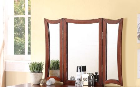 Unique Modern Bedroom Vanity Set w Stool Foldable Mirror Drawers Cherry Color MDF Veneer 1pc Vanity Furniture