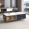 Modern Navy Blue Coffee Table with 2 Glass Door Storage, 4 Drawers, Gold Metal Legs, and Multi-Color Lighting in 47.2''