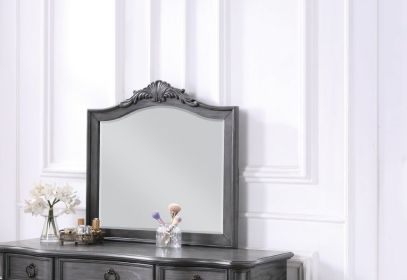 Contemporary Grey Finish Vanity Set w Stool Retro Style Drawers cabriole-tapered legs Mirror w floral crown molding Bedroom Furniture