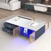 Modern Navy Blue Coffee Table with 2 Glass Door Storage, 4 Drawers, Gold Metal Legs, and Multi-Color Lighting in 47.2''