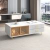 Modern White Coffee Table with 2 Glass Door Storage, 4 Drawers, Gold Metal Legs, and Multi-Color Lighting in 47.2''